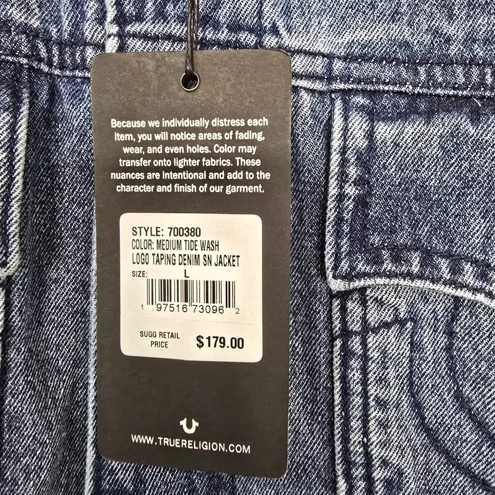 True Religion Men's Logo‎ Taping Denim SN Jacket Tide Wash Color Size Large NWT